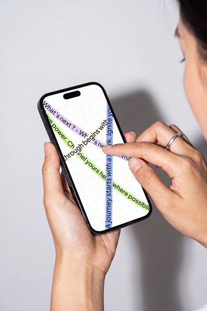 Handheld iPhone screen mockup with realistic skin texture and soft shadows