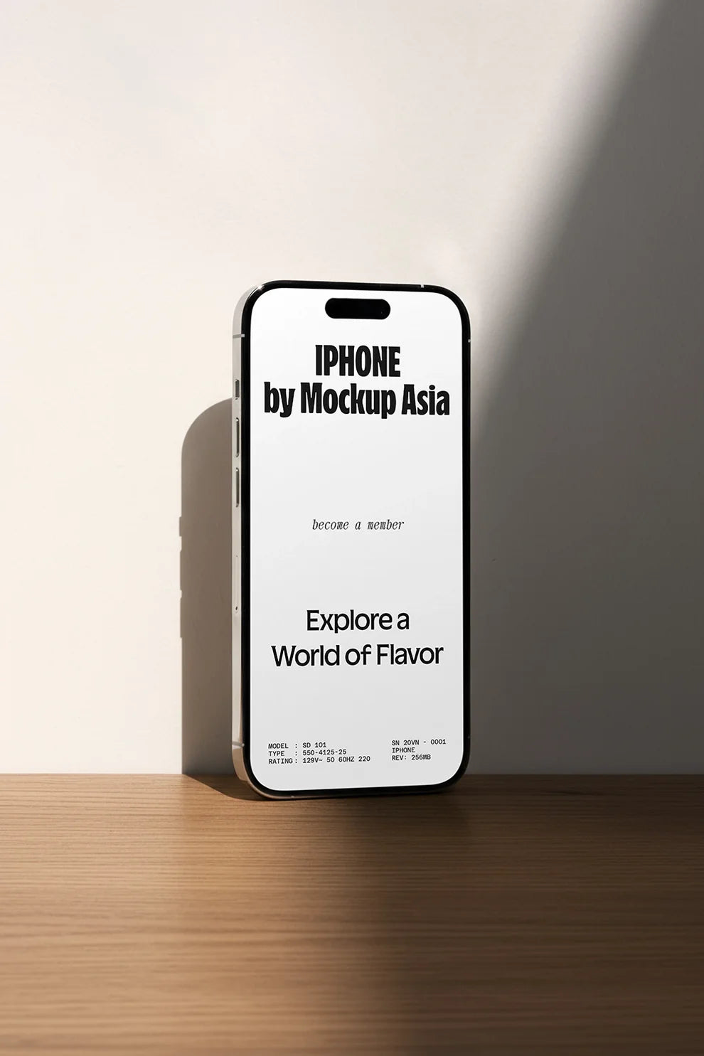 iphone mockup on wooden surface with sunlight shadow, minimal app presentation scene