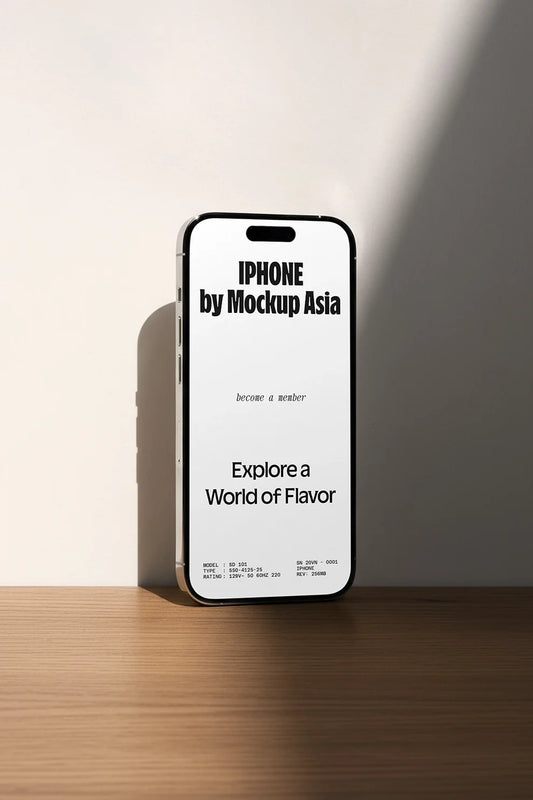 iphone mockup on wooden surface with sunlight shadow, minimal app presentation scene