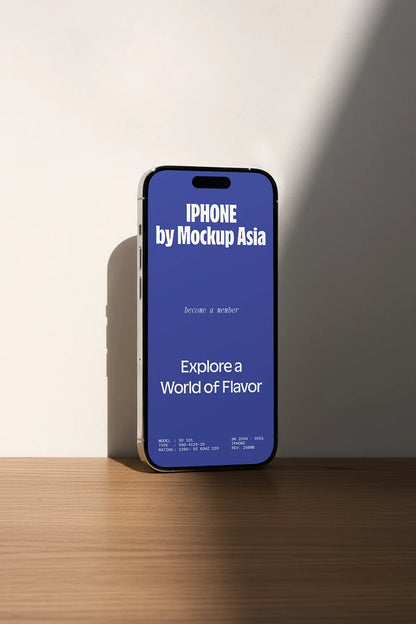 smartphone mockup with clean screen on desk, natural light and shadow aesthetic