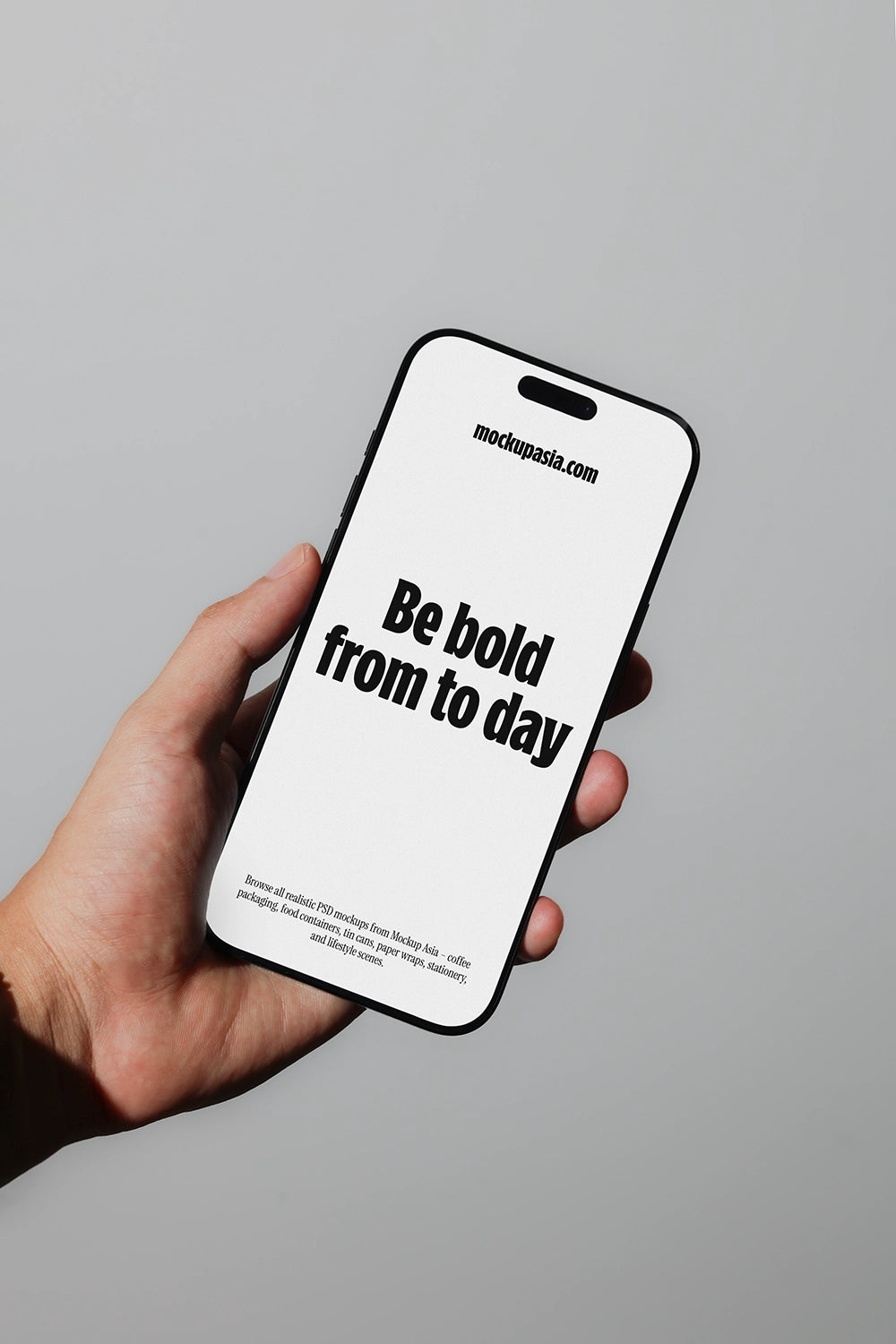 iphone mockup held in hand with clean background, minimal app presentation scene