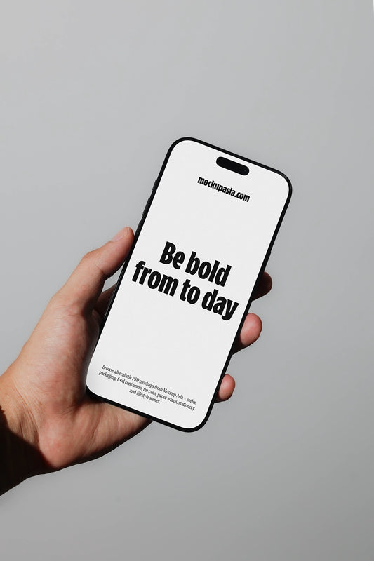 iphone mockup held in hand with clean background, minimal app presentation scene