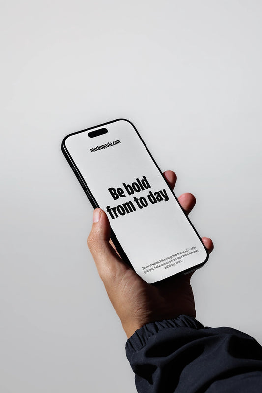 iphone mockup held in hand with minimal background, realistic lifestyle app presentation