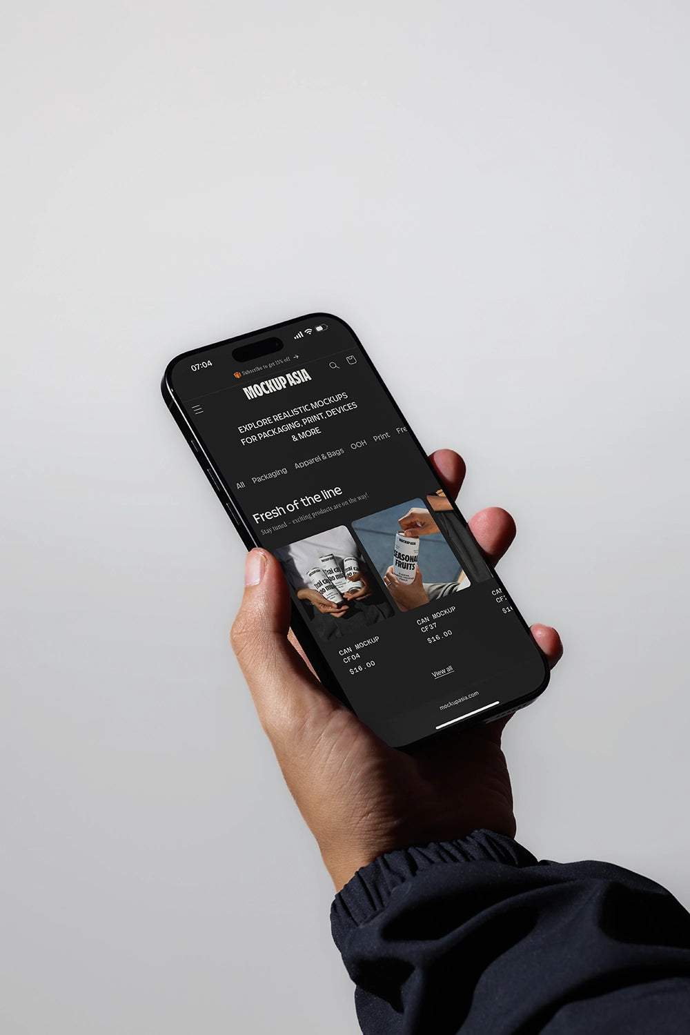 smartphone mockup in hand with clean background and soft shadow, modern UI display