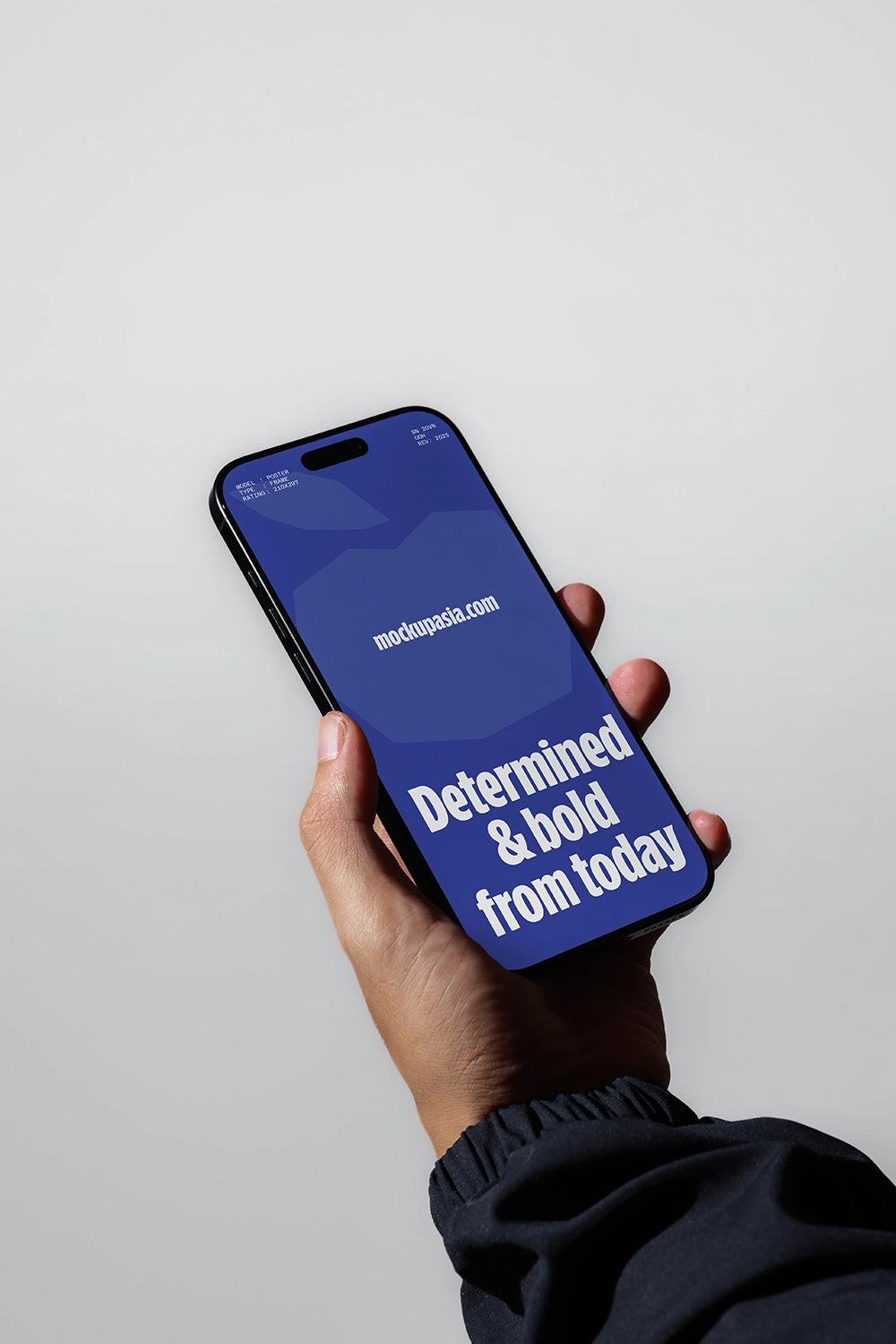 iphone screen mockup held by hand with casual sleeve, minimal product presentation