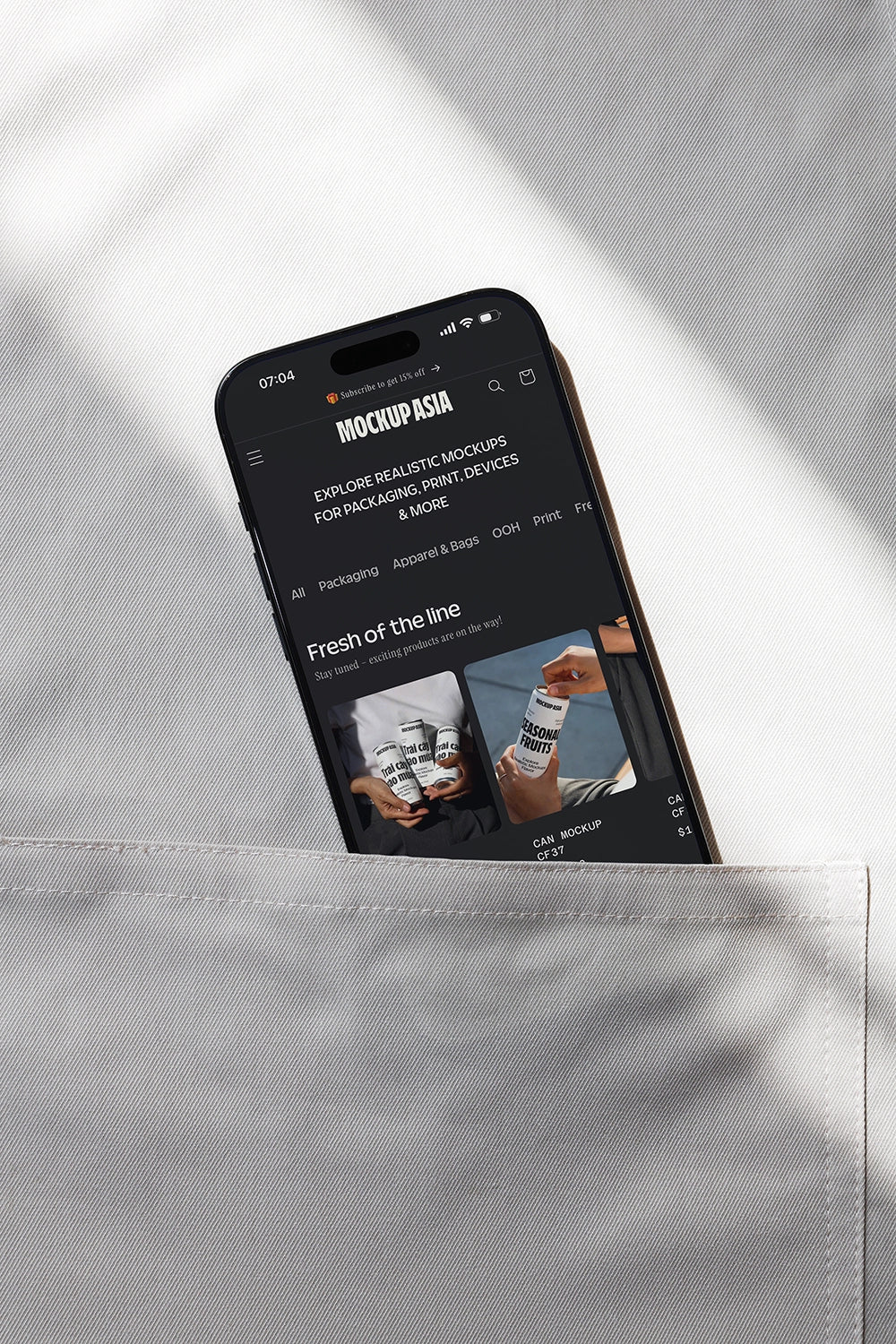 iphone mockup in shirt pocket with app interface visible, realistic lifestyle presentation
