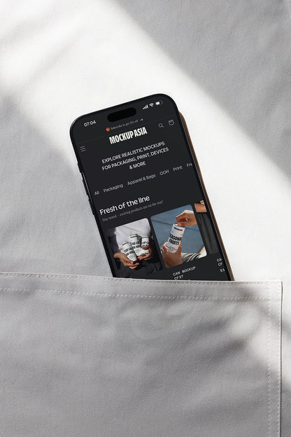iphone mockup in shirt pocket with app interface visible, realistic lifestyle presentation
