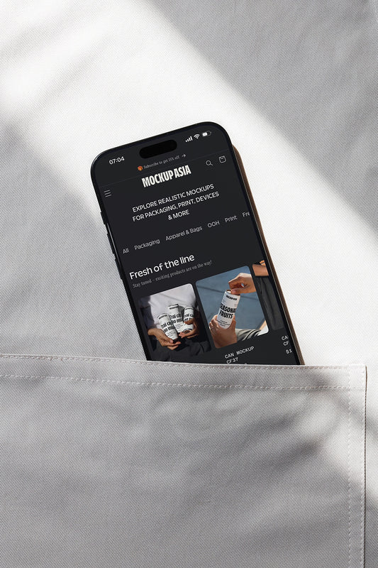 iphone mockup in shirt pocket with app interface visible, realistic lifestyle presentation