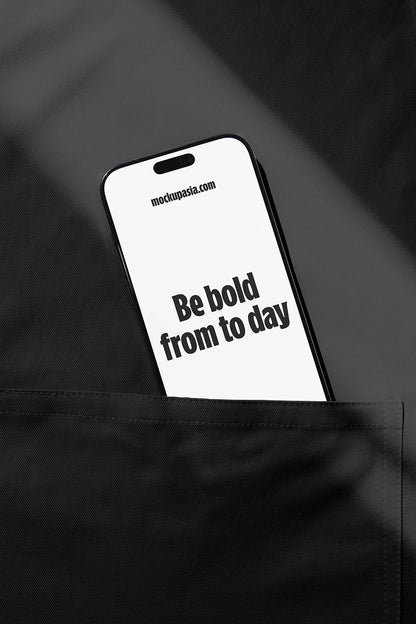smartphone mockup placed in pocket showing website UI, modern and creative display scene
