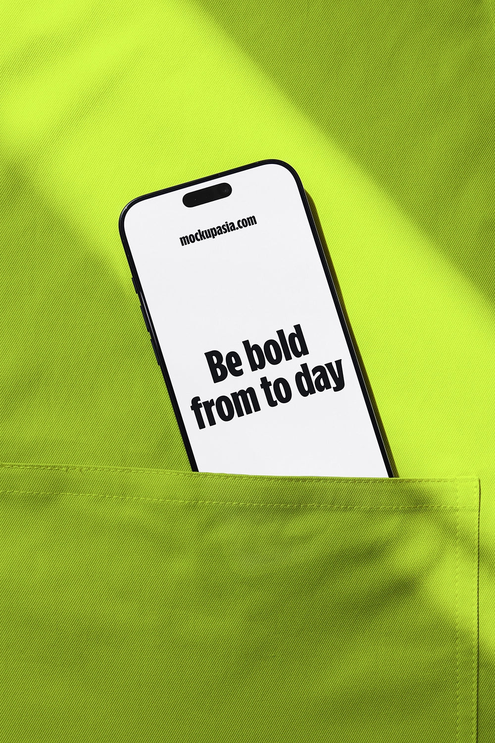 iphone screen mockup in fabric pocket with app preview, lifestyle and branding presentation
