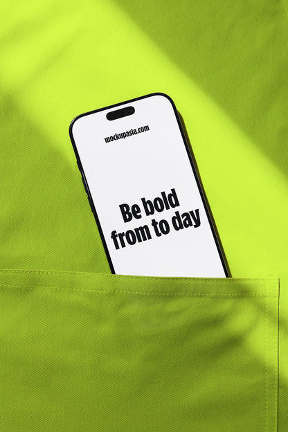 iphone screen mockup in fabric pocket with app preview, lifestyle and branding presentation