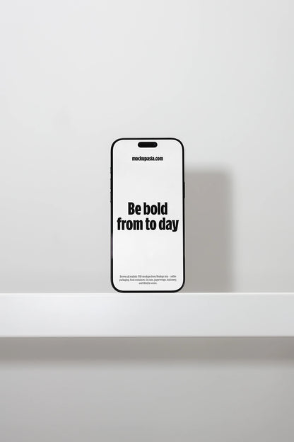iphone mockup standing on shelf with minimal background, clean app presentation scene