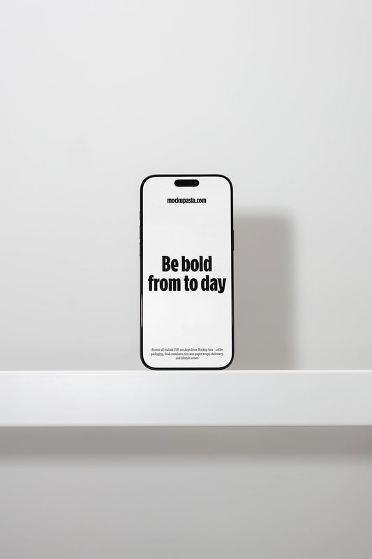 iphone mockup standing on shelf with minimal background, clean app presentation scene