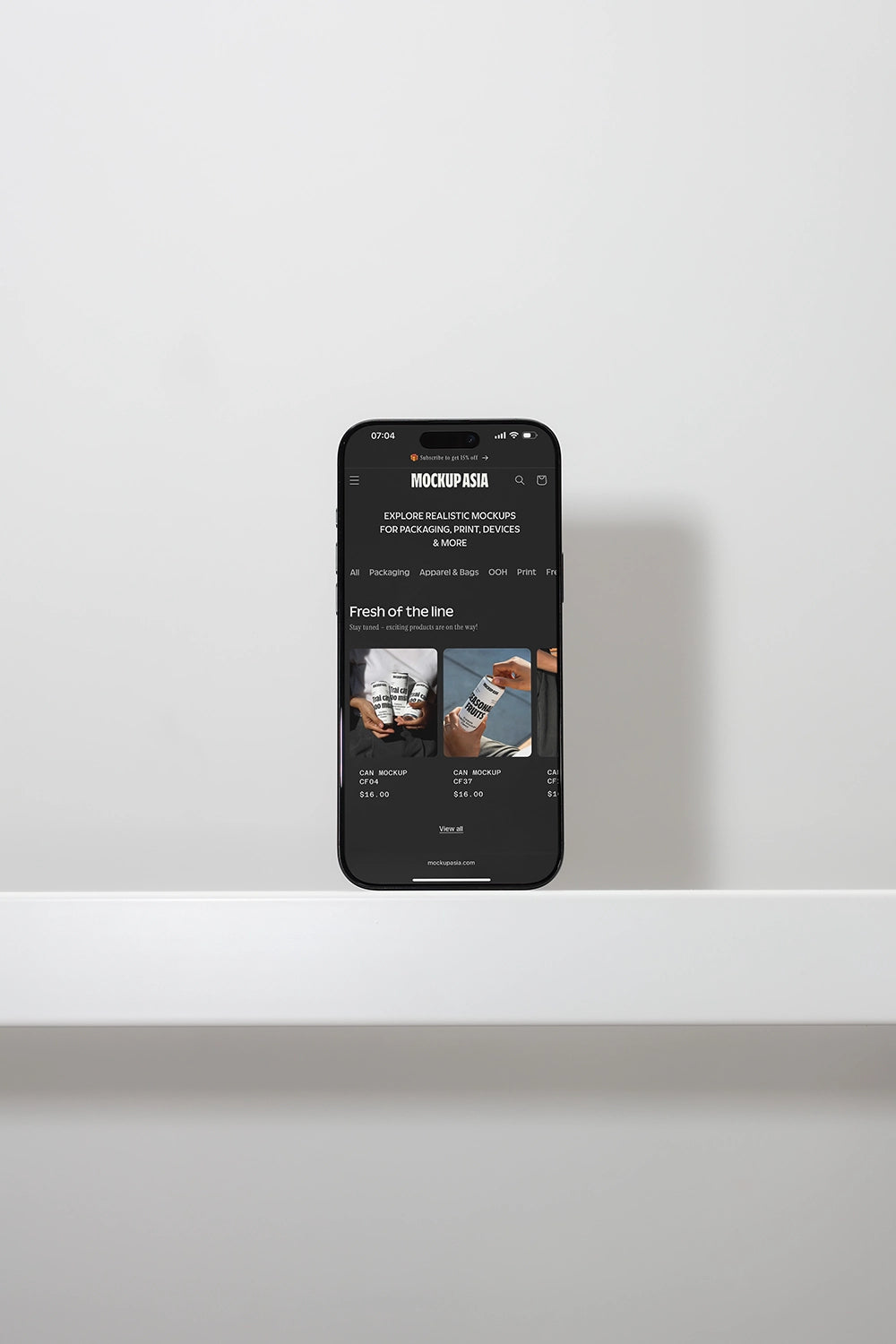 smartphone mockup on white shelf with soft shadow, modern UI display setup
