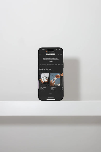 smartphone mockup on white shelf with soft shadow, modern UI display setup