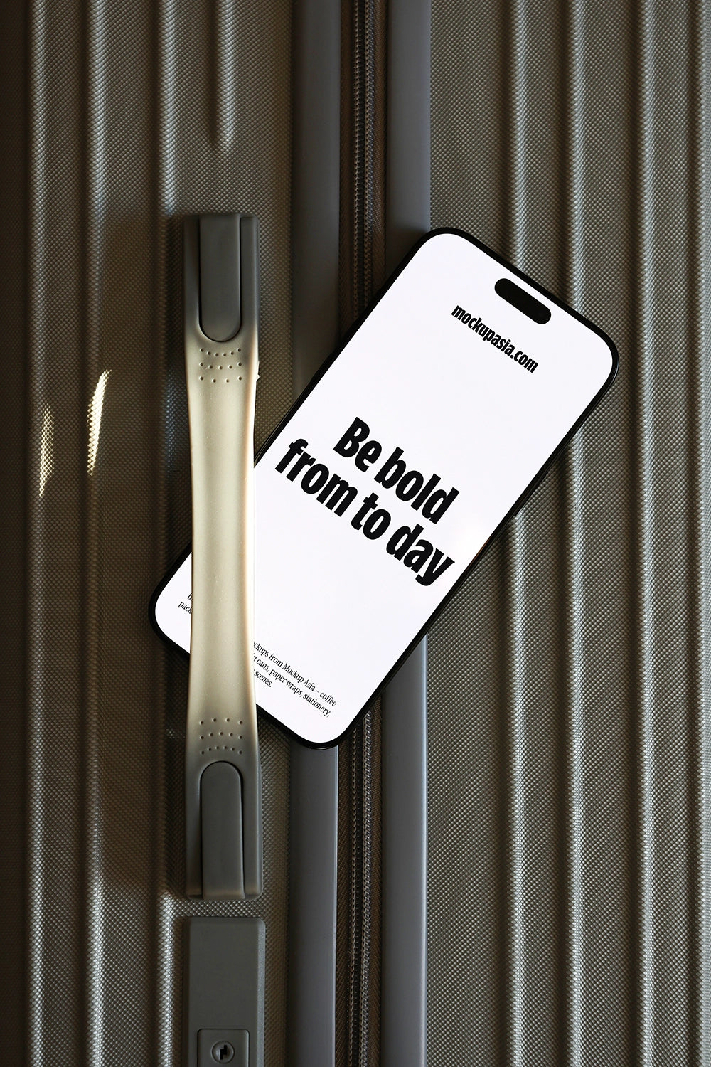 iphone mockup placed on suitcase handle, travel lifestyle app presentation scene