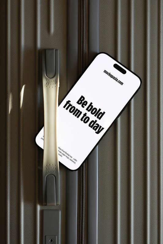 iphone mockup placed on suitcase handle, travel lifestyle app presentation scene