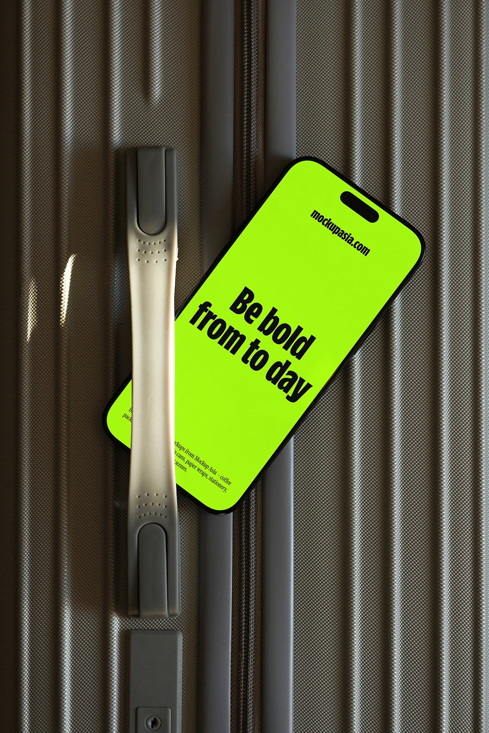 iphone screen mockup on suitcase surface, modern app presentation with travel theme