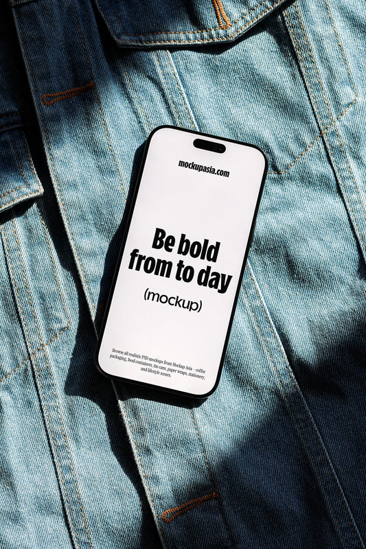 iphone mockup on denim jacket with sunlight shadow, fashion lifestyle app presentation
