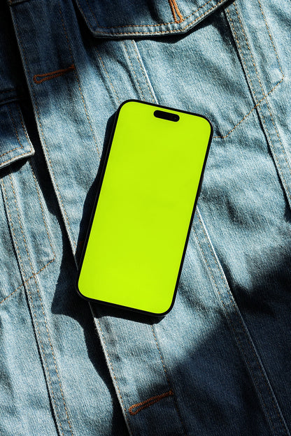 iphone screen mockup on denim texture with shadow lighting, editorial product presentation