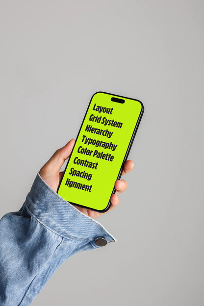 smartphone mockup in hand with denim outfit and clean background, modern UI display