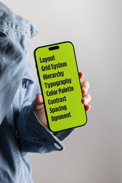 smartphone mockup in hand with denim outfit background, modern UI display scene