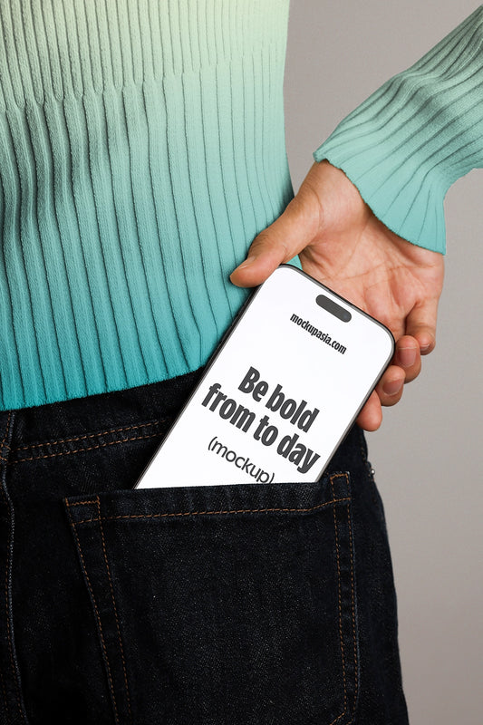 iphone mockup in jeans pocket with hand, realistic lifestyle app presentation scene