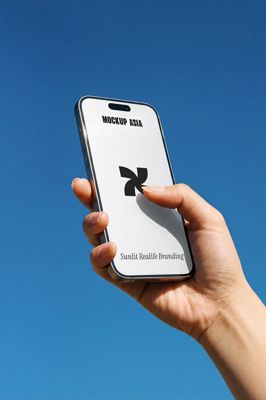 iphone mockup in hand with touch gesture and blue sky background natural sunlight