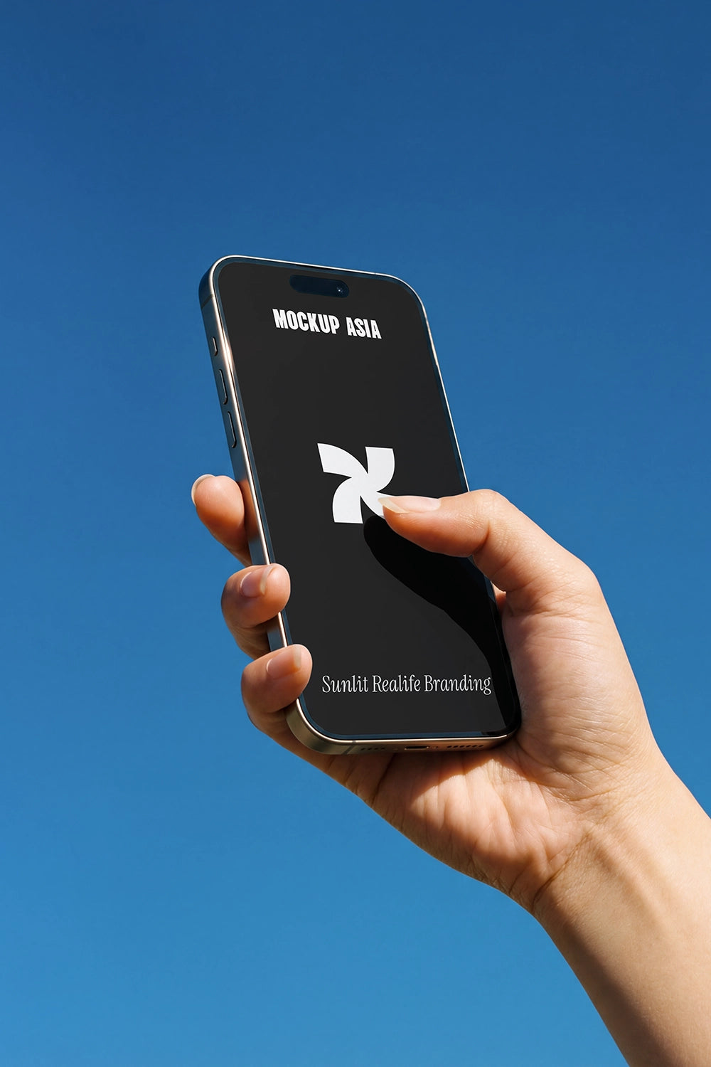 realistic smartphone mockup with finger tapping screen outdoor clean sky scene