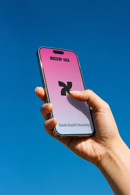 realistic smartphone mockup with finger tapping screen outdoor clean sky scene