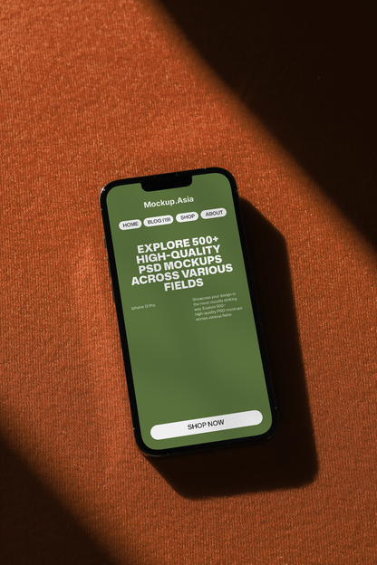 iPhone screen mockup displaying mobile UI design with realistic lighting and shadow
