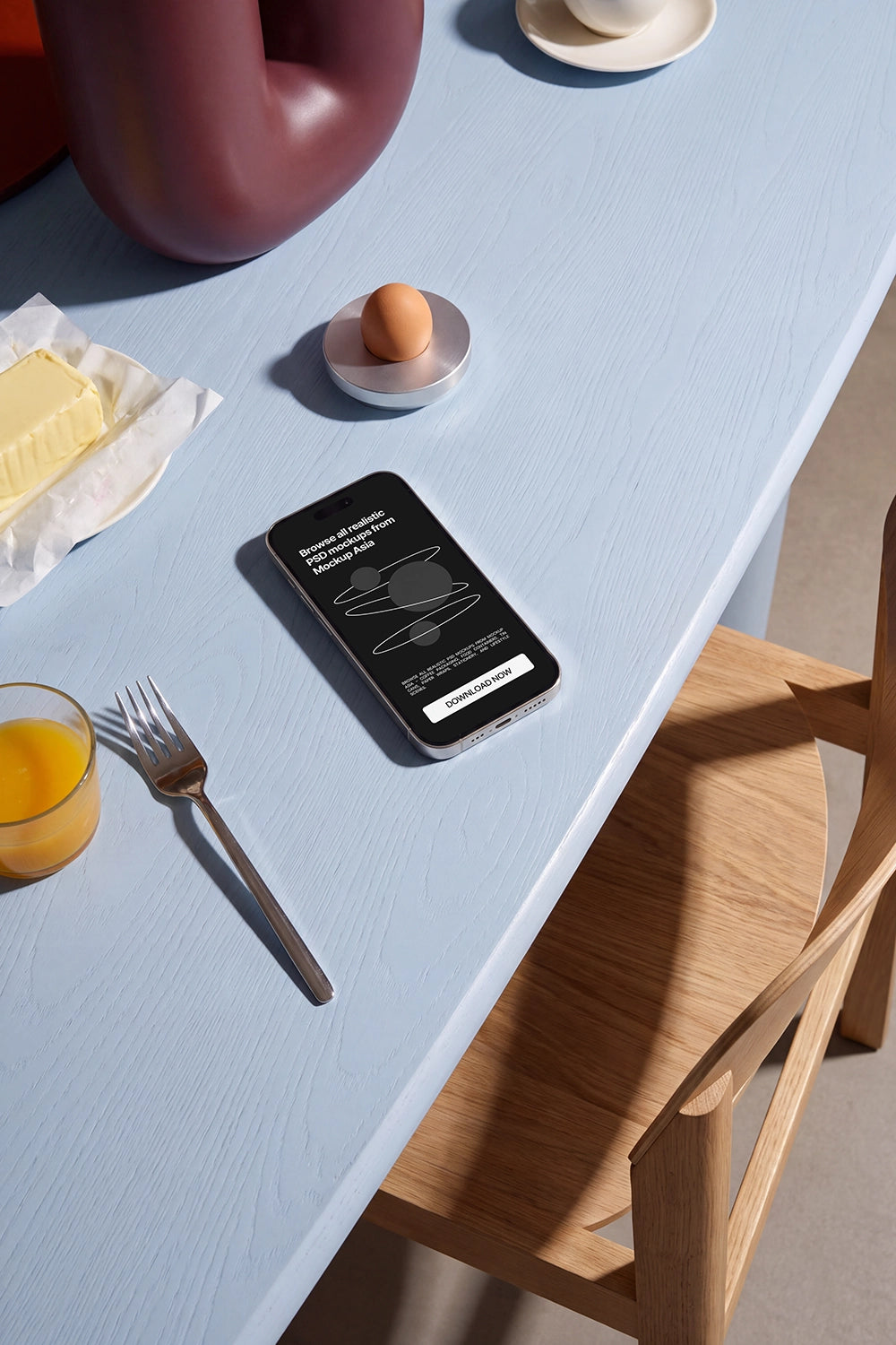Realistic iPhone mockup on a white dining table in natural sunlight