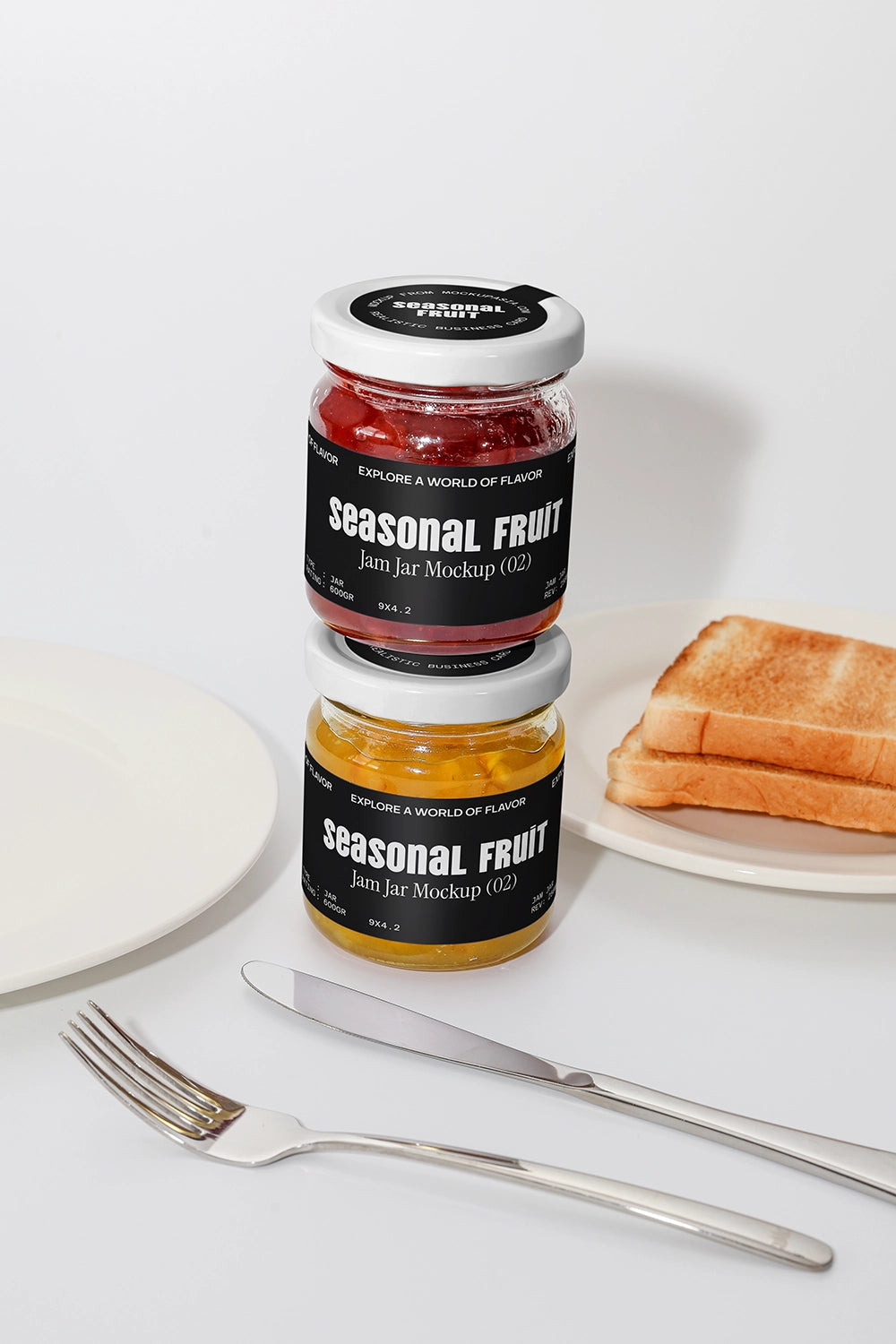 Jam jar packaging mockup with two glass jars stacked and minimal food styling background