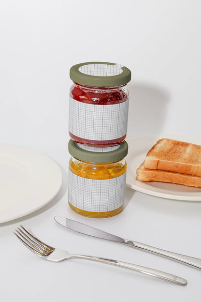 Seasonal fruit jam jars mockup with toast, plate and cutlery in clean breakfast scene