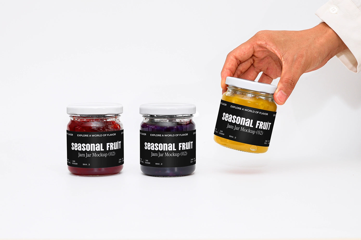 Seasonal fruit jam jars mockup with hand interaction and realistic label presentation
