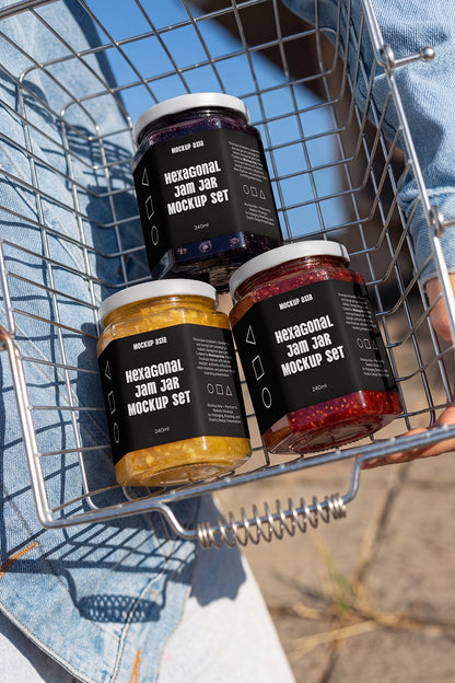 Realistic glass preserve jar mockup collection with editable labels