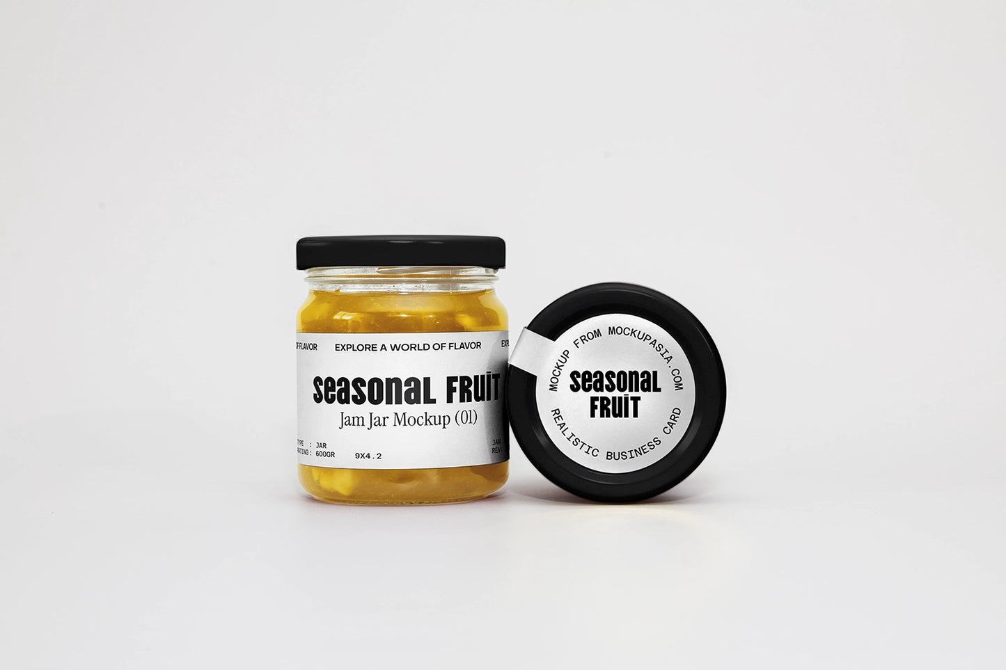 Glass jam jar packaging mockup with realistic label and lid top view on minimal background