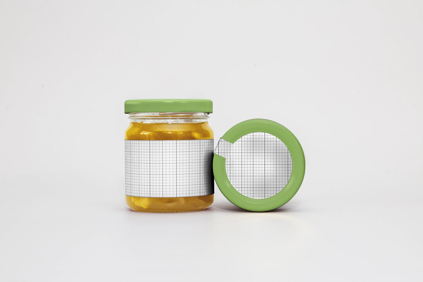 Seasonal fruit jam jar mockup with clean branding label and transparent glass texture