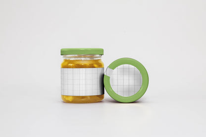 Seasonal fruit jam jar mockup with clean branding label and transparent glass texture
