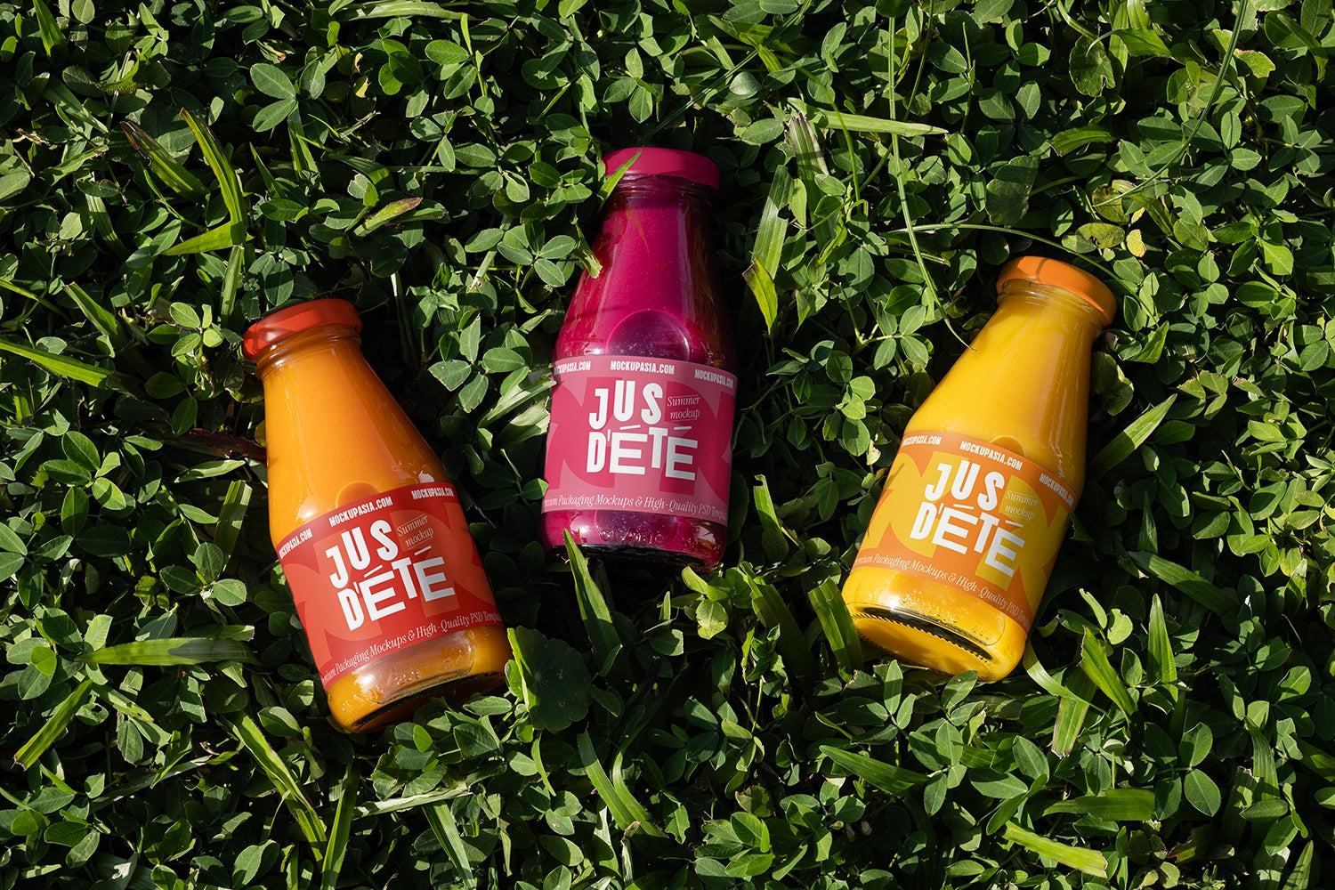 Glass juice bottle mockup set colorful drinks on grass realistic natural packaging PSD