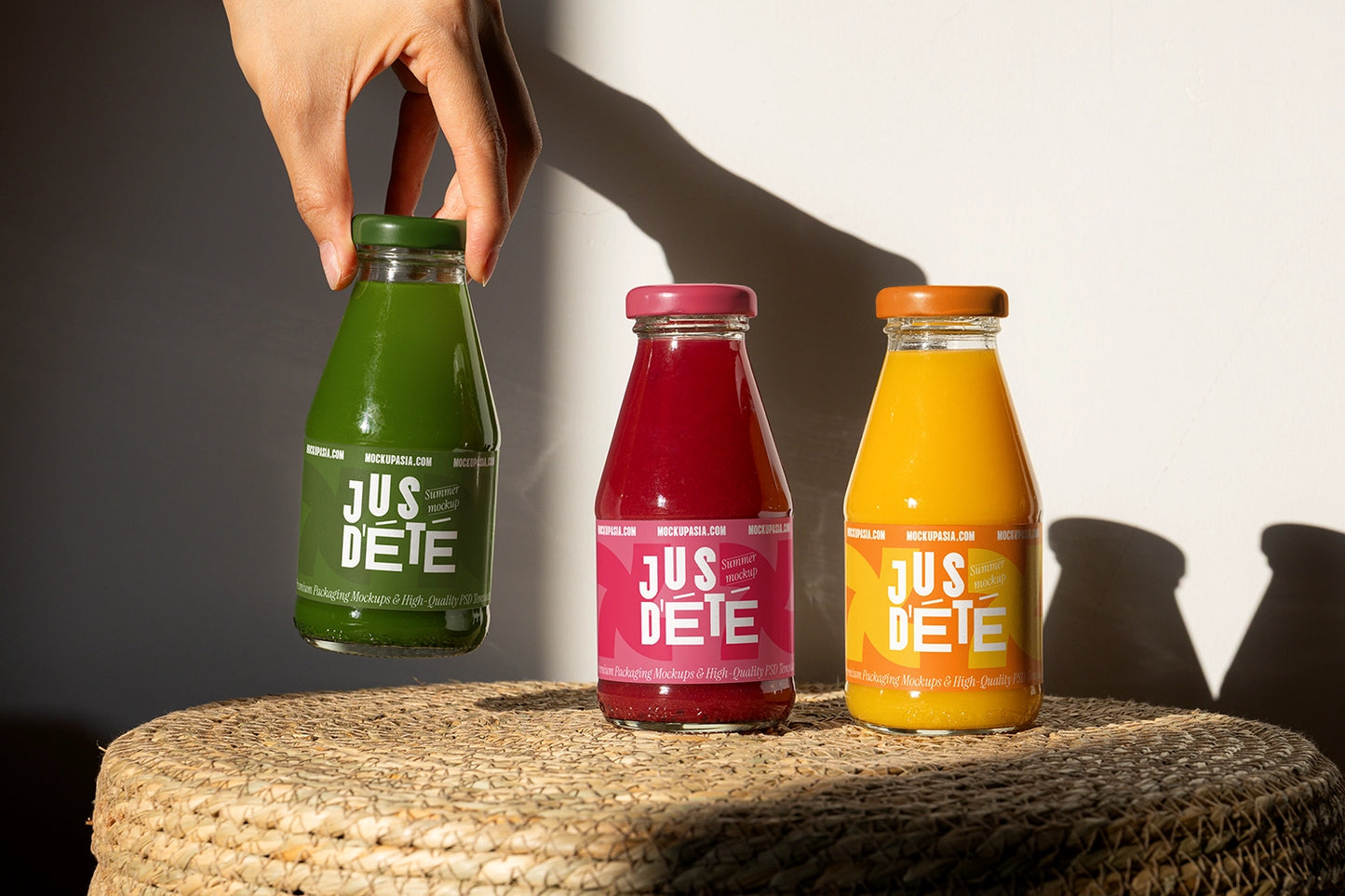 Minimal juice bottle packaging mockup with realistic shadows and clean label design