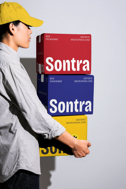 Shipping box mockup with pink green and white boxes in handheld lifestyle scene