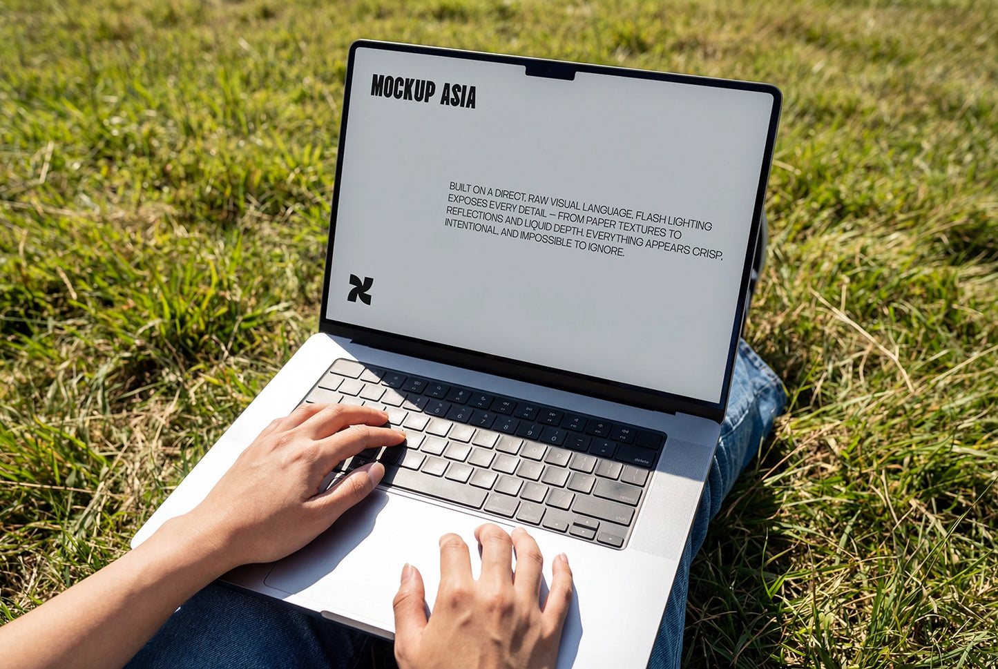 macbook pro mockup on grass with hands typing and natural sunlight outdoor scene