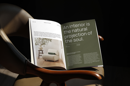 open magazine mockup on chair with editorial layout, premium lifestyle presentation
