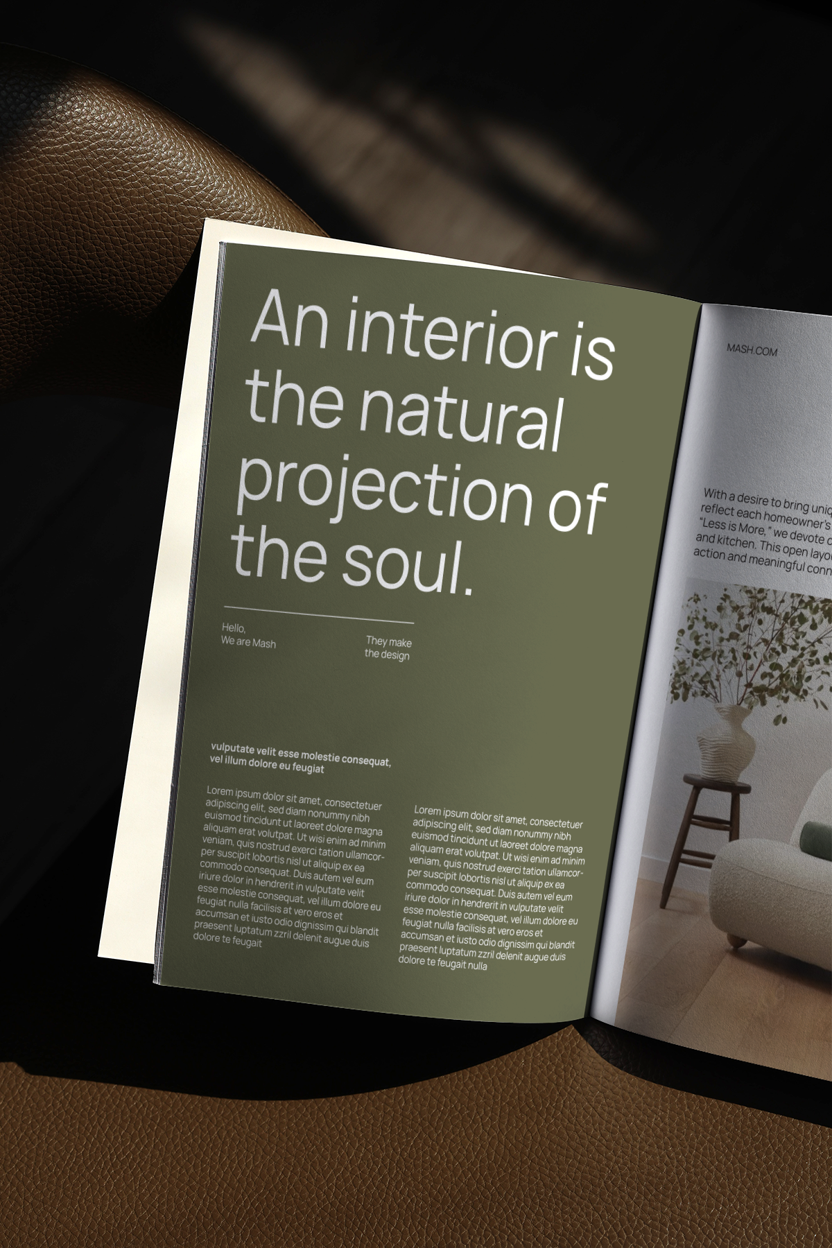 magazine spread mockup on armchair with natural light, lifestyle branding scene