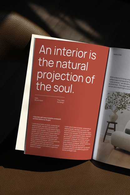 editorial mockup open magazine with interior design page, premium publication display