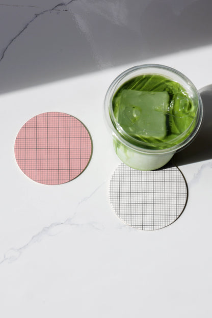 matcha packaging mockup with glass jar drink and label coasters, modern minimal aesthetic