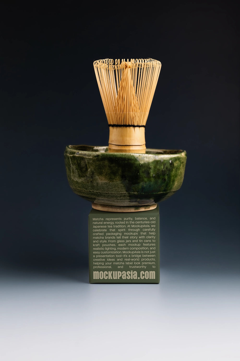 paper box packaging mockup for matcha tin with tea tools, minimal branding scene