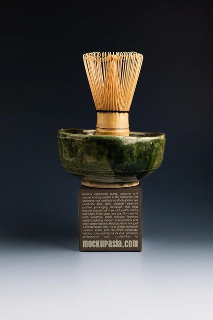 matcha paper box mockup with traditional tea tools, modern packaging branding setup