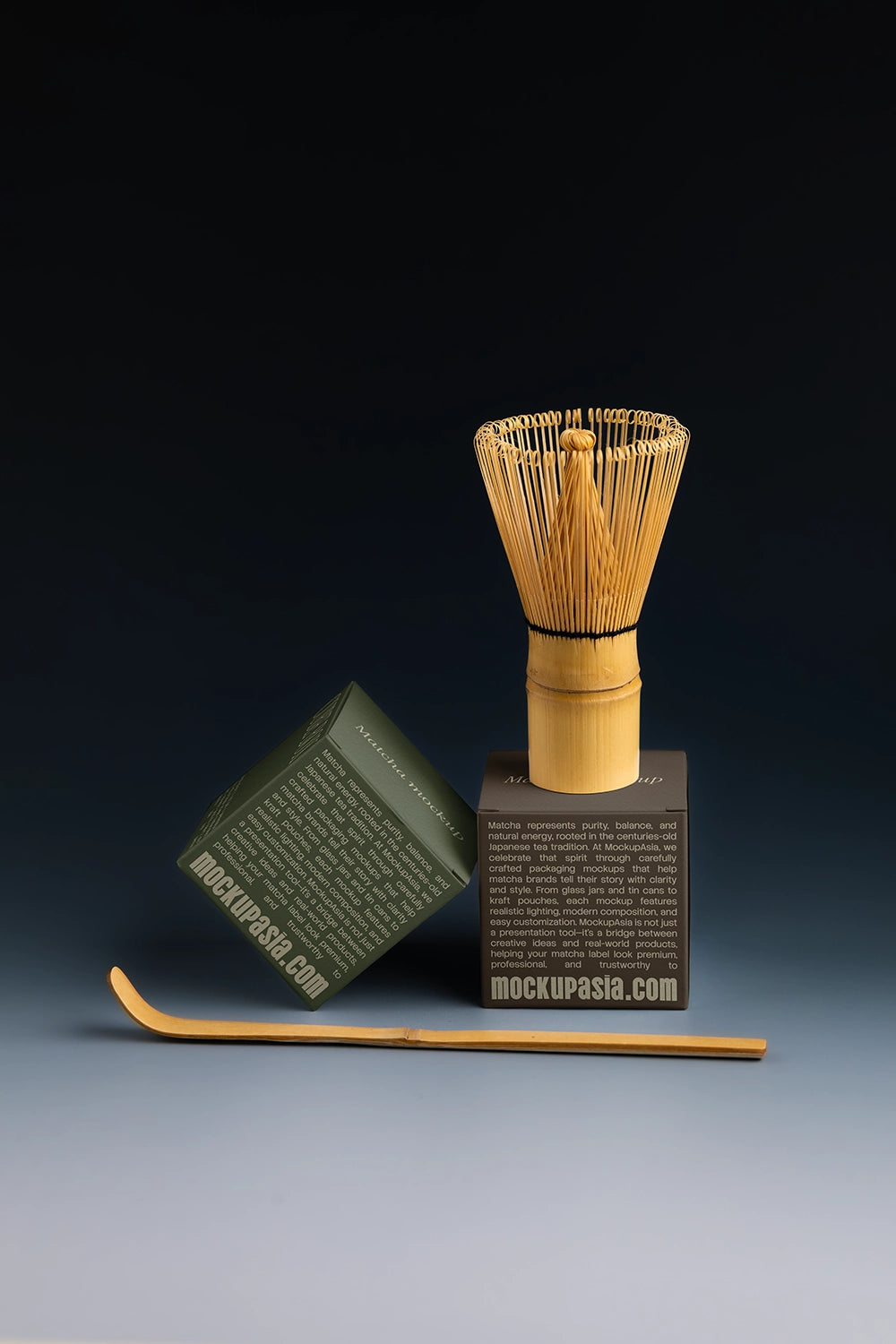 paper box packaging mockup for matcha product with tea tools, minimal branding scene